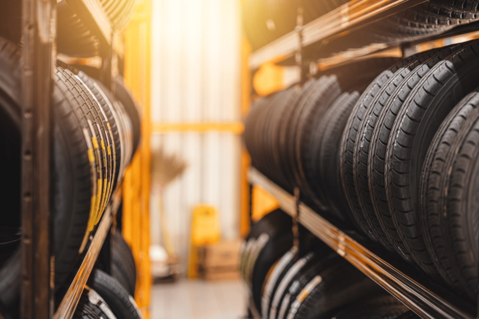 Tire Service in Palmerston, ON by CDP Diesel and Auto. Image showing a well-organized tire shop with rows of tires neatly stacked on racks, highlighting the extensive selection of quality tires available at CDP Diesel and Auto, where certified technicians provide expert tire maintenance and repair services.