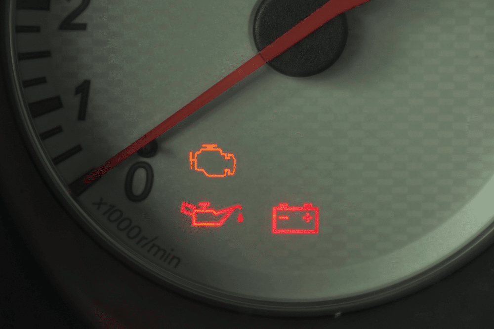 check engine light, diesel truck repair in Palmerston, ON at CDP Diesel & Auto. Image of a tachometer displaying illuminated check engine, oil pressure, and battery warning lights, indicating potential maintenance issues.